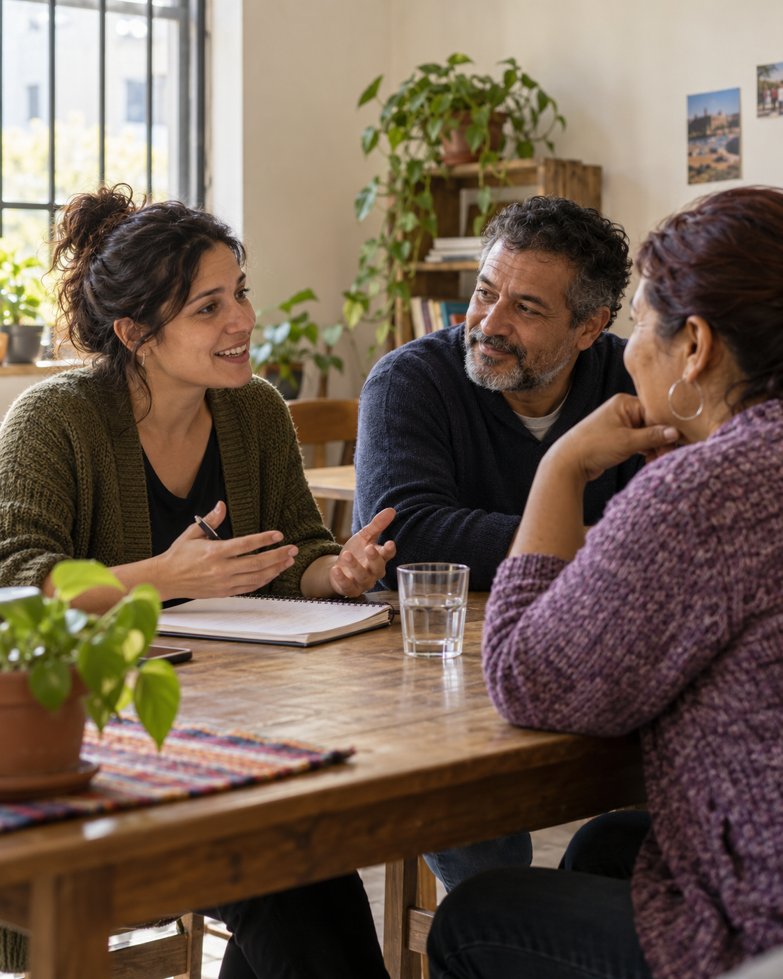Escena ilustrativa de acompañamiento social: tres personas conversando alrededor de una mesa